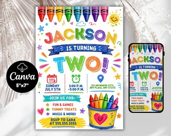 Crayon Birthday Party Invitation | Kids Invitation | 2nd Birthday Invitation | Art Party | Gender Neutral Birthday | Red Green Yellow Blue