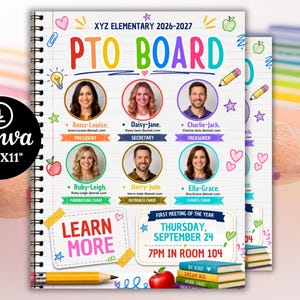 Op de afbeelding: Een spiraalgebonden 21,6 cm x 27,9 cm flyer voor het PTO-bestuur van XYZ Elementary 2026-2027. Het bevat zes ronde portretten van bestuursleden met namen, titels en e-mailadressen, kleurrijke schooltekeningen en details voor de vergadering op 24 september.