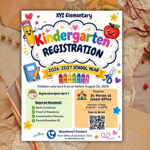 Pre-K Registration Flyer Template, Preschool Enrollment Poster, Daycare Open House Leaflet, Editable School Admission Flyer,Digital Download editable flyer,preschool enroll,pre k enrollment,pre k flyer,prek registration,canva school flyer,early learning,school printable,school template,preschool flyer,registration sign,enrollment poster,daycare flyer Kindergarten Enrollment Flyer: Editable School Template (CANVA Template). Meet the Teacher Kindergarten Enrollment Registration Flyer, Editable