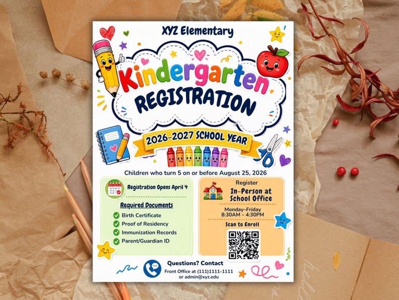 Pre-K Registration Flyer Template, Preschool Enrollment Poster, Daycare Open House Leaflet, Editable School Admission Flyer,Digital Download editable flyer,preschool enroll,pre k enrollment,pre k flyer,prek registration,canva school flyer,early learning,school printable,school template,preschool flyer,registration sign,enrollment poster,daycare flyer Kindergarten Enrollment Flyer: Editable School Template (CANVA Template). Meet the Teacher Kindergarten Enrollment Registration Flyer, Editable