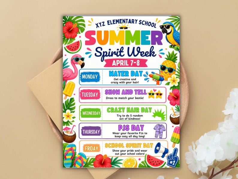 Summer Spirit Week Editable Flyer Template, Printable DIY Itinerary for ...