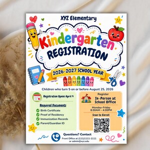 Pre-K Registration Flyer Template, Preschool Enrollment Poster, Daycare Open House Leaflet, Editable School Admission Flyer,Digital Download editable flyer,preschool enroll,pre k enrollment,pre k flyer,prek registration,canva school flyer,early learning,school printable,school template,preschool flyer,registration sign,enrollment poster,daycare flyer Kindergarten Enrollment Flyer: Editable School Template (CANVA Template). Meet the Teacher Kindergarten Enrollment Registration Flyer, Editable