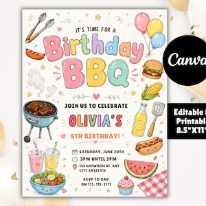 May include: A colorful birthday BBQ invitation with the text "It's Time for a Birthday BBQ". The invitation includes illustrations of BBQ food, a grill, and balloons. The text "Join us to celebrate Olivia's 9th Birthday!" is also included.