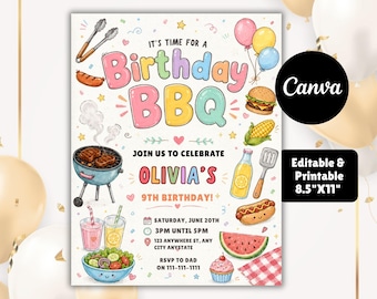 Birthday BBQ Invitation Hand Drawn Pastel Backyard Family Party Invite Editable Template