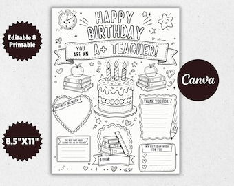 Happy Birthday Teacher, Teacher Appreciation Printable, Teacher Birthday Coloring Card, Happy Birthday Card for Teacher, Teacher Keepsake