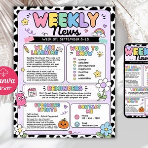 Puede incluir: Una plantilla digital de boletín semanal con un borde de estampado de vaca, que incluye secciones para We Are Learning, Words To Know, Reminders, Upcoming Events y Contact Me. El diseño incluye colores pastel, un arcoíris, flores y una calabaza.