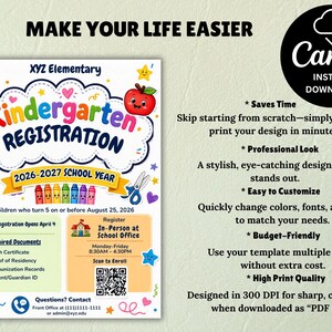 Pre-K Registration Flyer Template, Preschool Enrollment Poster, Daycare Open House Leaflet, Editable School Admission Flyer,Digital Download editable flyer,preschool enroll,pre k enrollment,pre k flyer,prek registration,canva school flyer,early learning,school printable,school template,preschool flyer,registration sign,enrollment poster,daycare flyer Kindergarten Enrollment Flyer: Editable School Template (CANVA Template). Meet the Teacher Kindergarten Enrollment Registration Flyer, Editable