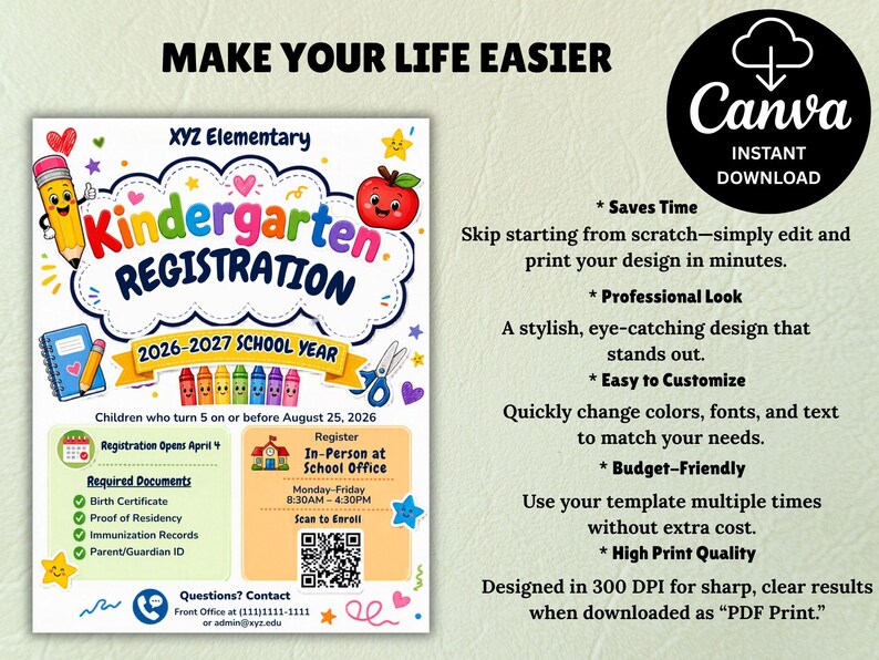 Pre-K Registration Flyer Template, Preschool Enrollment Poster, Daycare Open House Leaflet, Editable School Admission Flyer,Digital Download editable flyer,preschool enroll,pre k enrollment,pre k flyer,prek registration,canva school flyer,early learning,school printable,school template,preschool flyer,registration sign,enrollment poster,daycare flyer Kindergarten Enrollment Flyer: Editable School Template (CANVA Template). Meet the Teacher Kindergarten Enrollment Registration Flyer, Editable