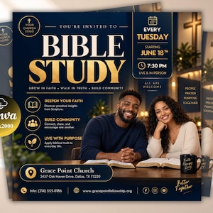 May include: A dark blue and gold flyer for a Bible study event at Grace Point Church. It features text including "You're invited to Bible study," "Every Tuesday starting June 18th at 7:30 PM," and "Grow in faith, walk in truth, build community."