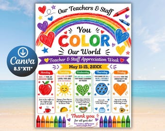 Rainbow Teacher Appreciation Week Coloring Itinerary Flyer (Canva Template)