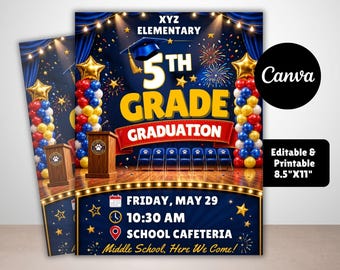 5th Grade Graduation Flyer Template | Elementary Promotion Ceremony Poster | Editable Canva School Event | Instant Download