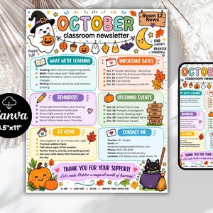 May include: An 8.5 inch by 11 inch October classroom newsletter template featuring colorful autumn illustrations including a ghost, pumpkins, leaves, and a black cat in a cauldron. The layout includes sections for learning goals, important dates, and reminders.