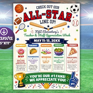 Sports All-Star Teacher Appreciation Week Itinerary Poster (Editable Canva Template, 8.5x11in Digital Download)