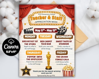 Hollywood Theme Teacher Appreciation Week Flyer Hollywood Editable Itinerary Template Staff Event Schedule Printable Movie Superstar Teacher