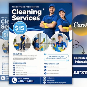 Può includere: Un volantino blu e bianco che promuove servizi di pulizia. Il volantino presenta il testo "Cleaning Services" e include immagini di professionisti delle pulizie. Il volantino include anche il testo "I prezzi partono da $15 all'ora" e dimensioni di "8.5"X11".