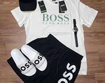 Conjunto de camiseta blanca con logo y pantalones cortos negros para hombre de Hugo Boss – Conjunto casual de lujo para verano