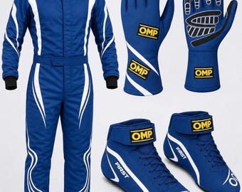 May include: A blue racing suit with white accents and OMP branding, a pair of blue racing gloves with black grip patterns and OMP logos, and a pair of blue racing shoes with white stripes, OMP branding, and the word FIRST on the side.