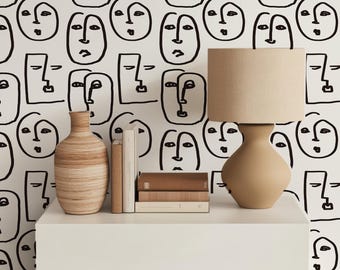 Abstract Line Faces Wallpaper – Minimalist Black & White Wall Art, Modern Scandinavian Home Decor