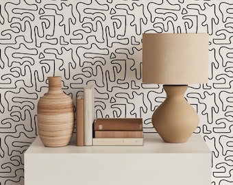 Abstract Freeform Line Wallpaper – Minimalist Black and White Wall Art for Modern & Scandinavian Home Decor