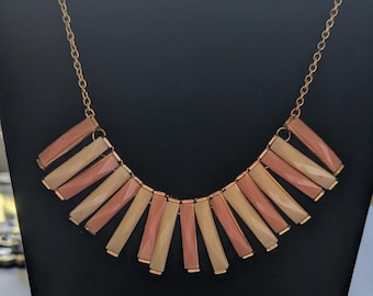 Peaches and Cream Faceted Lucite Bar Bib Necklace with Gold Toned Chain