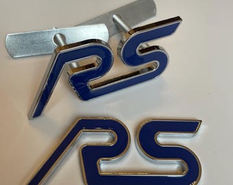 Blue and chrome RS badge set for Ford front grille and rear tailgate emblem