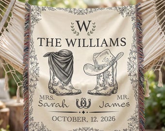 Western Couple Mr. & Mrs. Couple Blanket, Custom Wedding Anniversary Gift, Cowboy Boot Design