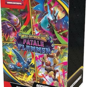 Puede incluir: Una caja de Booster Bundle de Pokémon TCG: Fatal Flames. La caja presenta ilustraciones coloridas de varios personajes Pokémon, incluido Charizard, y el texto "Mega-Entwicklung Fatale Flammen". La caja contiene 6 paquetes de refuerzo.