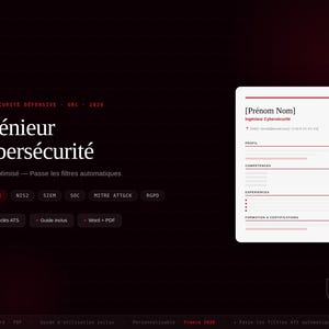 May include: A dark red and black graphic with the words "Ingénieur Cybersécurité" and "CV ATS optimisé". A white document template is on the right with the text "[Prénom Nom]" and "Ingénieur Cybersécurité".