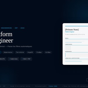 Peut inclure: Graphique bleu foncé avec le texte "Platform Engineer" en blanc. L'image comprend un modèle de CV avec des champs pour le nom, le profil, les compétences, l'expérience et les certifications. Mots-clés : Backstage, Kubernetes, Terraform, ArgoCD, FinOps, GitOps.