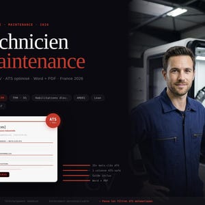 May include: A dark website design with the words "Technician Maintenance" in white and red. A man in a blue work shirt stands on the right side of the image. The website includes a resume template and ATS optimization information.