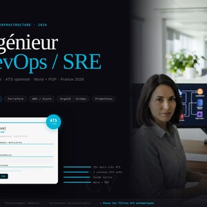 Może przedstawiać: Interfejs strony internetowej dla szablonu CV DevOps/SRE. Tytuł brzmi "Ingénieur DevOps / SRE" w białym i niebieskim tekście. Interfejs zawiera sekcje dotyczące umiejętności technicznych, doświadczenia i certyfikatów, ze słowami kluczowymi takimi jak Kubernetes i Terraform.