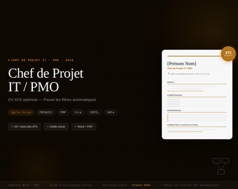 Lebenslaufvorlage für IT-Projektmanager (PMO, ATS 2026) | Agile Scrum Prince2 PMP Jira | Word PDF (Französisch)