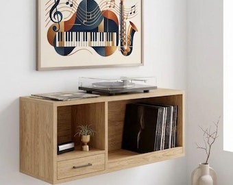 Mid Century Modern Vinyl Record Player Stand, Minimalist Storage Cabinet Shelf