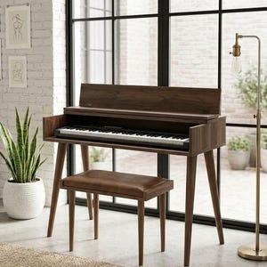 May include: A dark brown wooden piano with a keyboard and matching bench. The piano has a mid-century modern design with angled legs. The bench has a brown leather seat. A floor lamp with a vintage bulb is to the right.