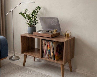 Mid-Century Modern Record Player Stand, Vinyl Storage Cabinet, Turntable Console