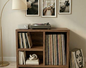 Soporte para tocadiscos artesanal: mueble moderno para guardar vinilos, consola multimedia HiFi.