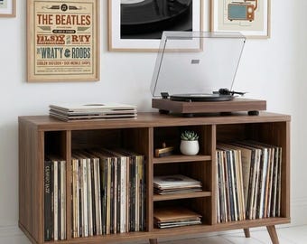 ミッドセンチュリーモダン レコードプレーヤースタンド、ウォールナット製レコード収納キャビネット、HiFiコンソールテーブル