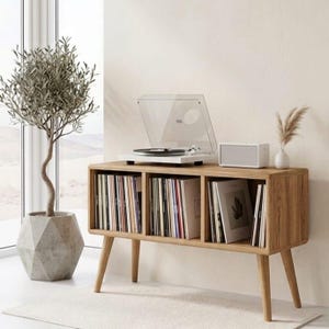 Può includere: Console per giradischi in legno con giradischi bianco, altoparlante e collezione di dischi in vinile. La console ha tre scomparti e gambe angolate. Sono visibili anche un ulivo in vaso e un vaso con fiori secchi.