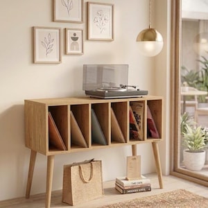 Support pour platine vinyle fait main | Étagère pour disques vinyles Mid-Century, rack audio en MDF