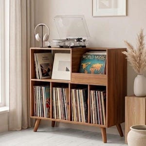 May include: A wooden record player stand with a turntable, headphones, and vinyl records. The stand has multiple compartments for storage and a mid-century modern design. The records are labelled "World Music" and "Nomos Classical".
