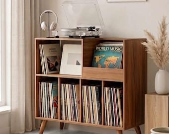 Mid Century Modern Record Player Stand, Wood Vinyl Storage Cabinet, LP Organizer Console Table