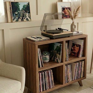 Handcrafted Mid-Century Modern Record Player Stand with Vinyl Storage