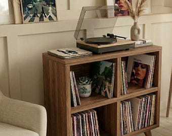Soporte para tocadiscos de estilo moderno de mediados de siglo, hecho a mano, con almacenamiento para vinilos.
