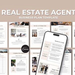 May include: A business plan template for real estate agents. The design features a series of documents with headings like "Executive Summary" and "Business Goals." A smartphone displays a page with "1 Year" and "5 Years" goals. The text "REAL ESTATE AGENT BUSINESS PLAN TEMPLATE" is at the top.