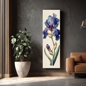 Vintage Blue Iris Botanical Canvas Print, Elegant Vertical Floral Artwork