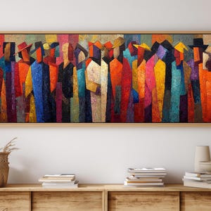 Cuadro cubista de multitud colorida, arte mural figurativo abstracto, decoración panorámica sobre lienzo