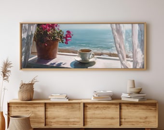 Coastal Window Wall Art Ocean View Coffee Cup Canvas Relaxing Seaside Home Decor