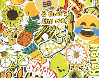 Yellow Aesthetic Sticker Pack, Groovy Retro Vinyl Stickers for Laptop and Water Bottle, Sunflower Smiley Bee Decals, Gift for Teen Girls