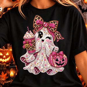 Peut inclure: Un t-shirt noir avec un motif de fantôme blanc orné de strass roses et transparents. Le fantôme porte un nœud à motif léopard, tient une tasse à boisson rose à motif léopard avec une paille et porte un seau citrouille rose.