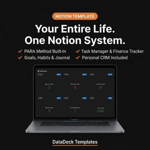 May include: A laptop displays a Notion template with the text "Your Entire Life. One Notion System." Features include PARA Method, task management, and a finance tracker. The screen shows a dashboard with active projects, tasks due, and goals. The template is from DataDeck Templates.